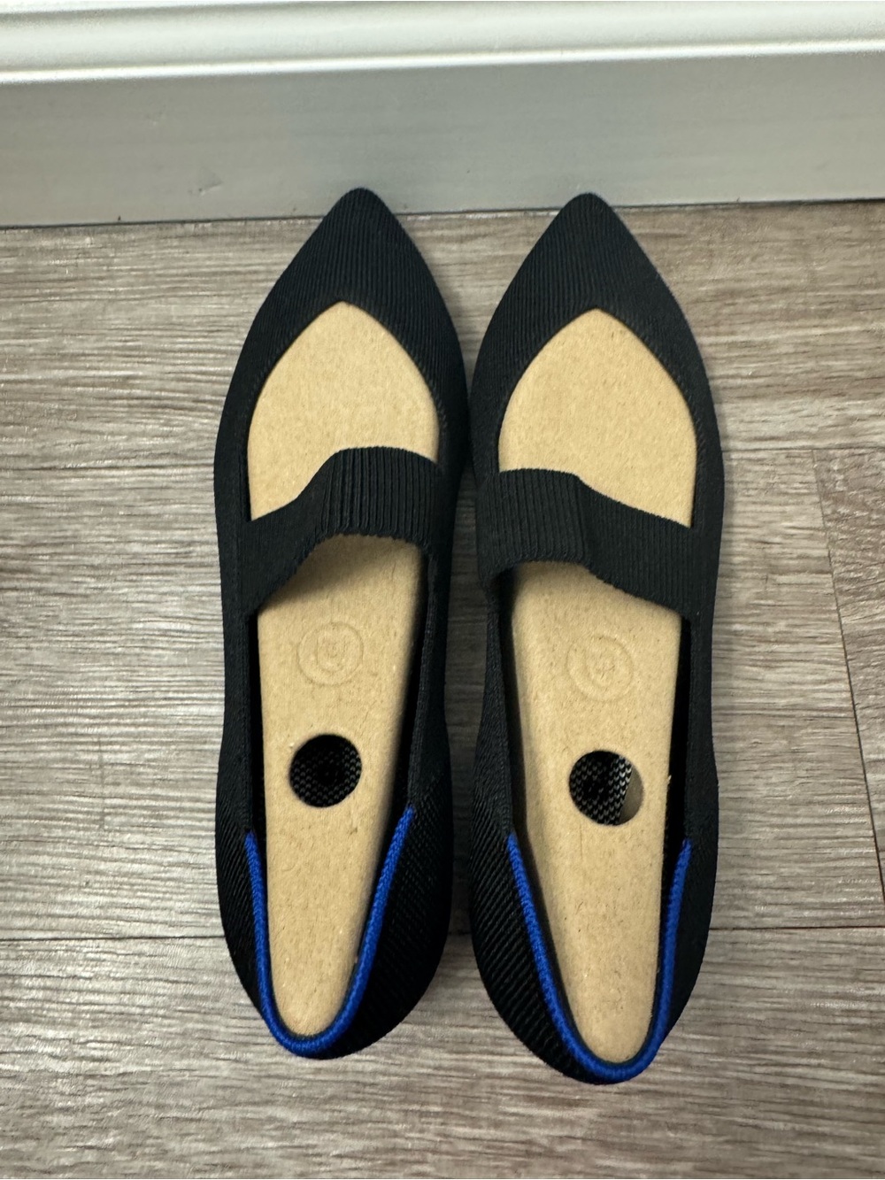Rothy's Black Pointed-Toe Flats with Blue Accent